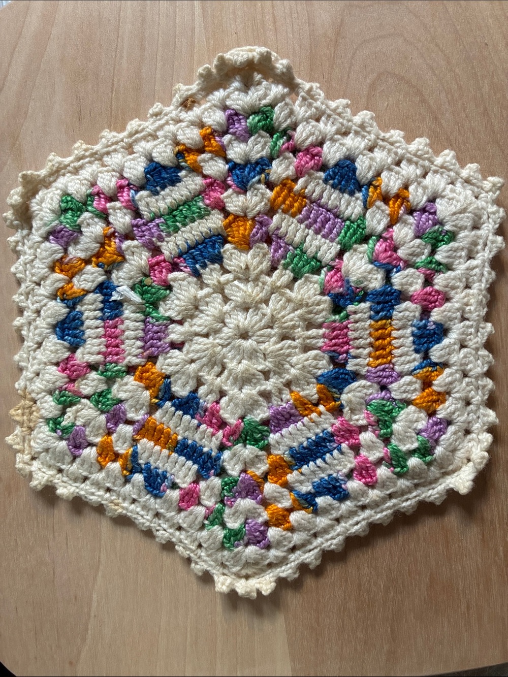 Handmade Crocheted Hexagon Doily w Multicolor Accents